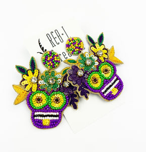 Mardi Gras Earrings - Floral Skulls