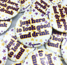 Load image into Gallery viewer, BUTTON - Look Good &amp; Drink Stars - Purple/Gold

