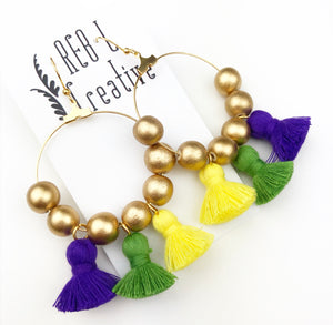 Mardi Gras - Bright Yellow Happy Tassel Hoops