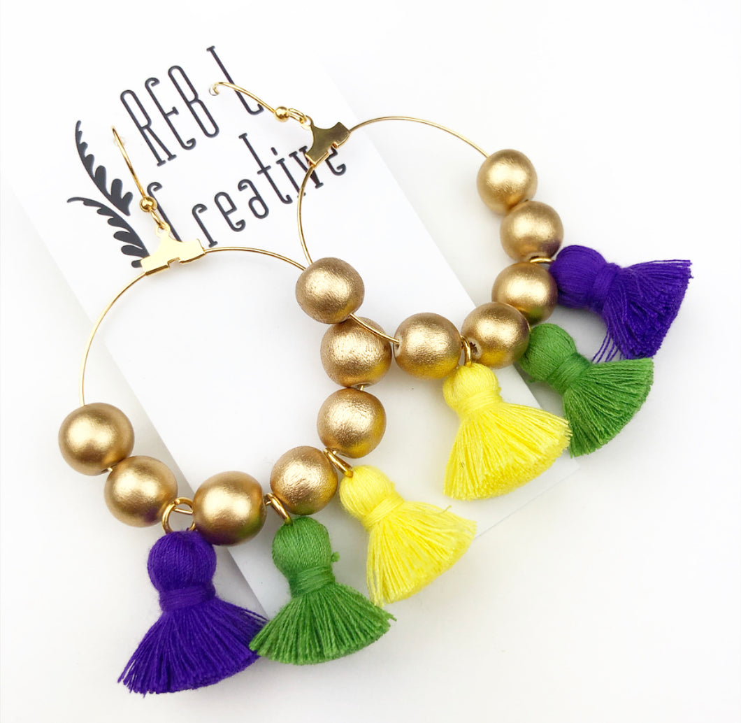 Mardi Gras - Bright Yellow Happy Tassel Hoops