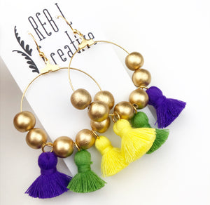 Mardi Gras - Bright Yellow Happy Tassel Hoops