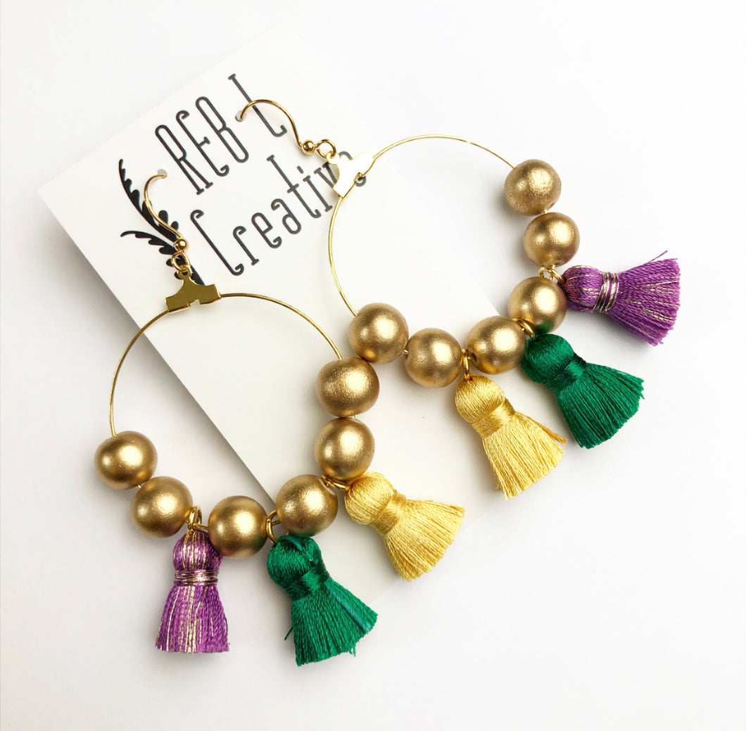 Mardi Gras - Metallic PURPLE Happy Tassel Hoops